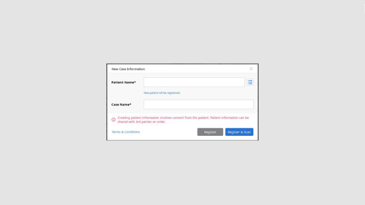 Protocole de scannage Medit - Partie B étape 1 Medit : Ouvrez Medit Link, créez un cas au nom du patient, sélectionnez Modèle d’étude pour le maxillaire/mandibule et lancez la partie scan